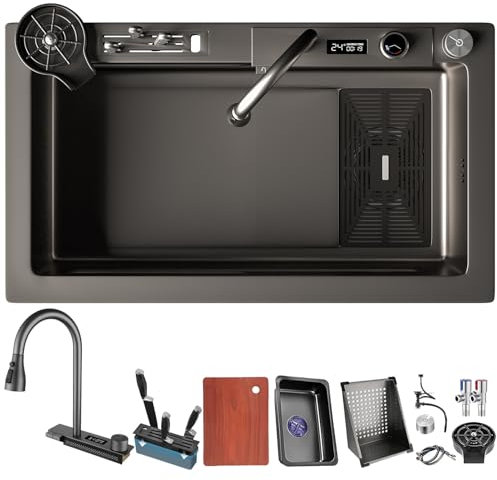 DSMRLEOP fregadero multifuncional negro 75 x 45 cm, cascada, 1 fregadero de cocina rectangular de acero inoxidable con accesorios