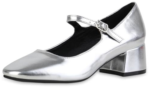 VAN HILL Damen Mary Janes Blockabsatz Lack Klassisch Schuhe 216466 Silber 38
