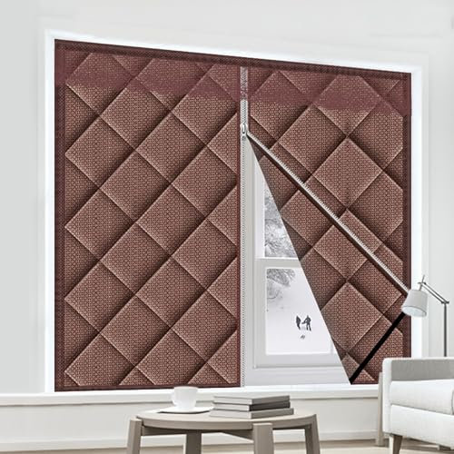 Insulated Door Curtain, Heavy Duty Thermal Insulation Curtains, Temporary Blinds, Strong Adhesive Zipper Cotton Curtains for Windows to Block wind, Keep Warm, Soundproof(Brown,150*120cm/59*47in)