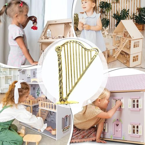 Gupcaqosjw Winzige Harfen, Miniatur-Goldharfe | Winziges Simulations-Harfen-Ornament-Set mit 5 Stück - Miniatur-Puppenhaus, Harfenspielzeug, Simulation 1:12, Retro-Harfe, Weihnachtsbaumschmuck,