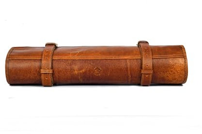 Professional Chef Knife Roll Bag, 8-Piece Kitchen Utensil Set with Leather Case, Navy Blue and Brown (Leather, Caramel)