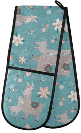 Ofenhandschuhe, doppelte Ofenhandschuhe, blaugrün, Mama, Lama, hitzebeständig, gesteppt, für Grillen, Backen, Küche, Kochen