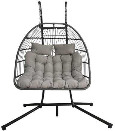 Swing Chairs, Egg Chair Double Seat Rattan Hanging with Cushion, Foldable Egg Chair Outdoor Indoor, Garden Patio Hammock Chair with Stand & Adjustable Height, upto 240 Kg Weight Capacity (Light Grey)