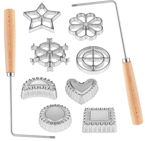 Foorey Home Rosette Maker with 8 Heads Bunuelos Mold with 2 Handle Waffle Cooking Stamp Cookie Press Mold for Kitchen Baking Funnel Cake Mould Star Flower Circle Heart Hexagon Square 10 Pieces
