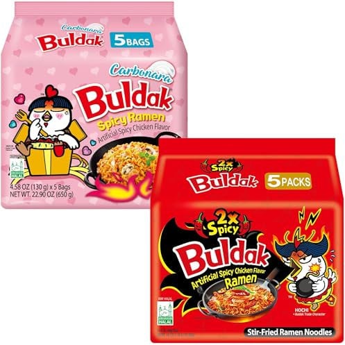 Buldak Noodles Carbonara and 2X Spicy Chicken Flavor Ramen 10 Pack (Pack 5 Each Flavour) - Ramen Instant Noodles Excellent for Snack and Soups