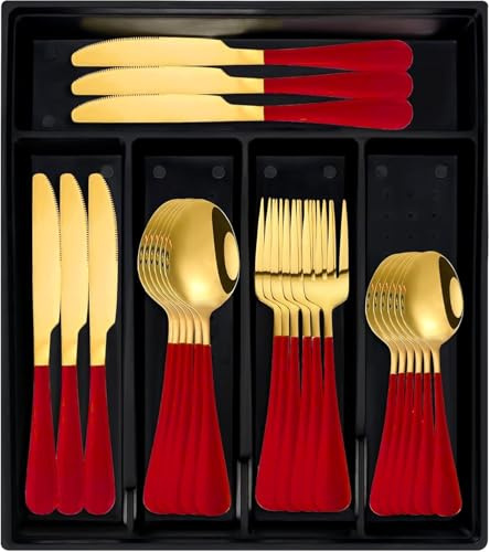 24-Piece Silverware Set with Organizer, Stainless Steel Flatware Cutlery Set with Non-Slip Handle, Mirror Polished Tableware Utensils Set for Home Restaurant (Red)