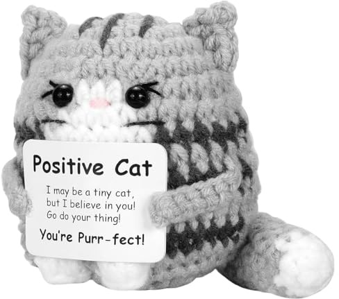 iewrtcin Positive Katze Geschenke Gestrickte Katze Positive Geschenke Positive Katze Gehäkelt Gehäkelte Kuscheltiere Katzen Handgemachte Häkel Puppe Emotionaler Support-Geschenk Glücksbringer (Grau)