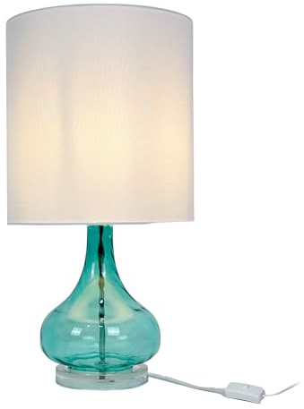 Relaxdays Tischlampe, Glasfuß & Stoffschirm, E27, H x D: 62 x 30,5 cm, Tischleuchte mit Kabel, Wohnzimmer, weiß/blau