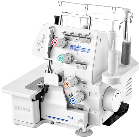VEVOR Máquina de Coser Overlock, 1250 Puntadas por Minuto, Compatible con 3 y 4 Hilos, con Luz LED y Pies de Succión Fuertes, con Marco de Metal para Varios Tejidos, Blanco, 260 x 270 x 270 mm