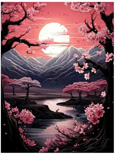 Aapxi Diamond Painting Erwachsene Landschaft, 5D Diamond Painting Bilder Sakura Berglandschaft, Mosaikherstellung Bastelset Als Geschenk, Zur Entspannung und Als Wanddeko 30×40cm