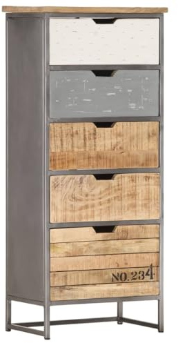 Yisssmeng Beistellschrank aus Mango Massivholz 45 x 30 x 105 cm Kommode mit 5 Schubladen Industrial Vintage Look platzsparendes Highboard grau für Wohnzimmer Schlafzimmer Flur
