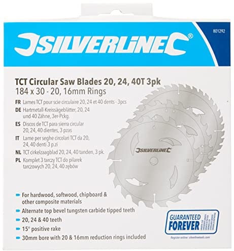 Silverline 801292 Lot de 3 lames scie circulaire carbure de tungstène 184 x 30 mm Bagues de 20 et 16 mm