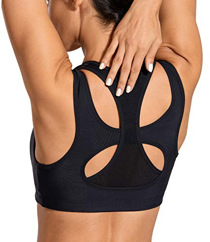 SYROKAN Women's High Impact Support Full Cup Gym Racerback Sports Bra Crop Top Black M