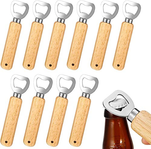 Flaschenöffner, 10 Stück Natur Holzgriff Bier Flaschenöffner mit Tragbare Lochdesign Edelstahl Kapselheber Großes Geschenke für Männer Weihnachts Neujahrs Party