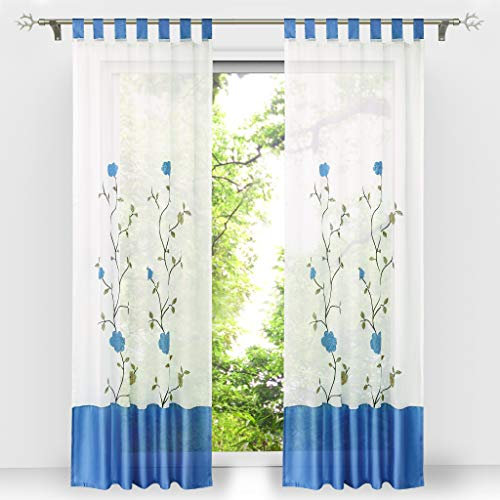 HongYa 1 Stück Voile Gardine Schal mit Schlaufen Transparenter Vorhang Bestickter Schlaufenschal H/B 145/140 cm Blau