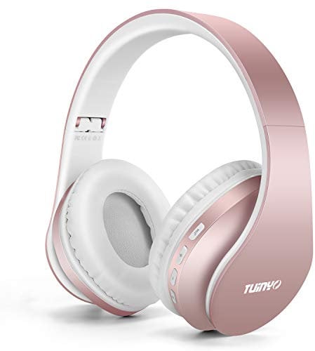 TUINYO Bluetooth Headphones, Wireless Headphones Over Ear with Microphone, Foldable & Lightweight Stereo Wireless Headset for Travel Work TV PC Cellphone -Rose Gold