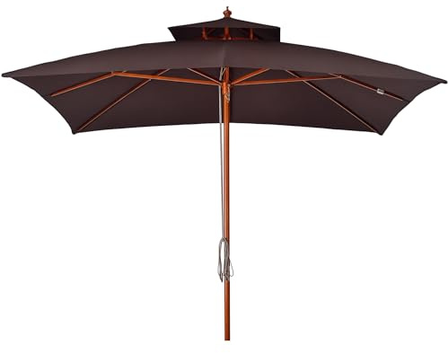 Outsunny Sombrilla de Jardín 3x3x3 m Parasol de Jardín de Bambú con Doble Techo Sistema de Polea Impermeable para Terraza Balcón Exterior Marrón