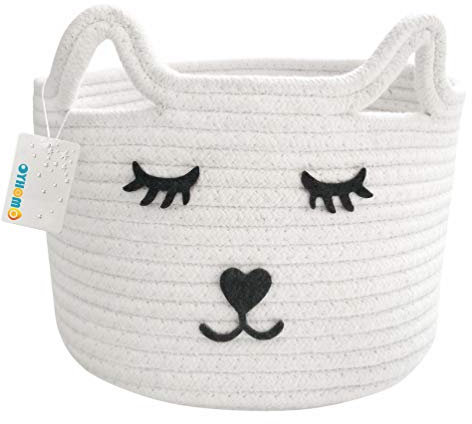 OYHOMO Aufbewahrungskorb aus Baumwollseil Süße Katze Korb Geflochtene Baumwollseilkorb Aufbewahrungsbox für Baby Spielzeug, Kinderzimmer, Zuhause - Weiß