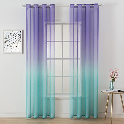 MIULEE 2er Set Farbverlauf Vorhang Voile Sheer Leinenvorhang Dekoschal mit Ösen transparent Gardine Schlaufenschal Ösenschals für Wohnzimmer und Schlafzimmer 140 X 245 cm (B x H) Lila und Grün