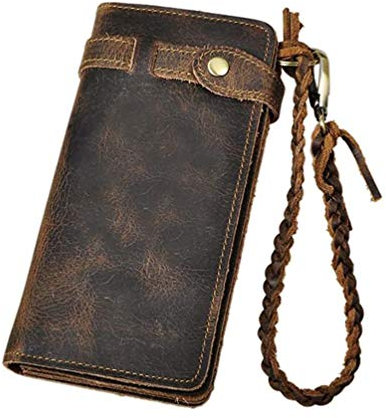 Le'aokuu Uomini Vera Pelle Bifold Organizzatore Portafoglio Checkbook Chain 3377 (3377 Marrone senza drago)
