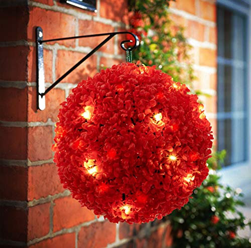 BW Beddingwares 20 LED Solar Powered - Topiary Ball 2 Functions Hanging Garden, Boxwood Light Ornament Auto ON/OFF Static & Flashing (Red, 1 x Topiary Ball)