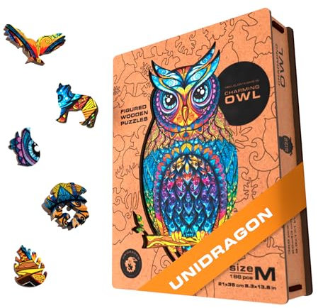 UNIDRAGON Original Wooden Jigsaw Puzzle - Charming Owl, 186 pcs, Medium 8.3x13.8, Unique Animal Shaped Puzzle Box, Birthday Gift Idea for Kids, Adults, Girls, Boys, Family Game and Hobby