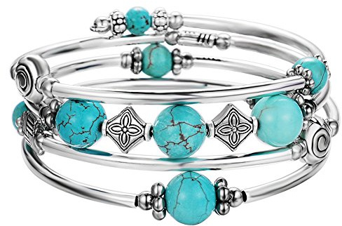 BULINLIN Beaded Silver Bangle Wrap Bracelet for Her, Layered Bohemian Bracelets with Natural Stone, Jewellery Gifts for Women Ladies