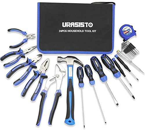 URASISTO 24-Piece Household Tool Kit Repair Hand Tool Set Bag with Hammer, Screwdriver,Pliers, Wrench set with Storage Bag