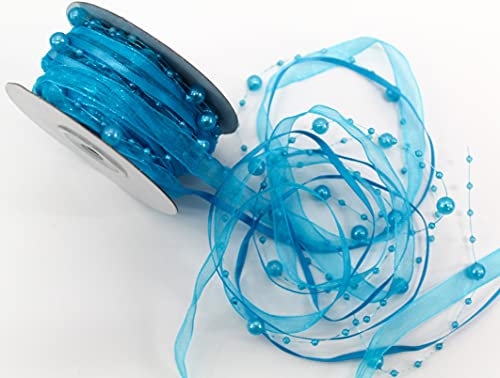 CaPiSo 10m Schleifenband 3-teilig mit Organza und 4mm Perlen Dekoband Trendyband Perlenband Perlen am Band (Eisblau)