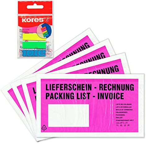 WPTrading - 1.000 x Lieferscheintaschen 225 x 120 mm in DIN-LANG Pink Lieferschein/Rechnung inkl. 125 Page-Marker in 5 Farben - Dokumenten-Taschen selbstklebend - Begleitpapiertaschen für Versand
