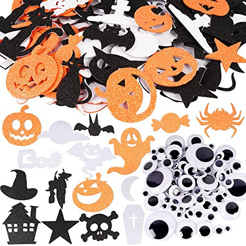 FLOFIA 146pcs Pegatinas EVA de Espuma Brillante Halloween 3 Colores Kit 100pcs Ojos Plásticos Móviles Adhesivos Wiggle Tamaños Variados para Manualidad Muñecas DIY Decoración Halloween