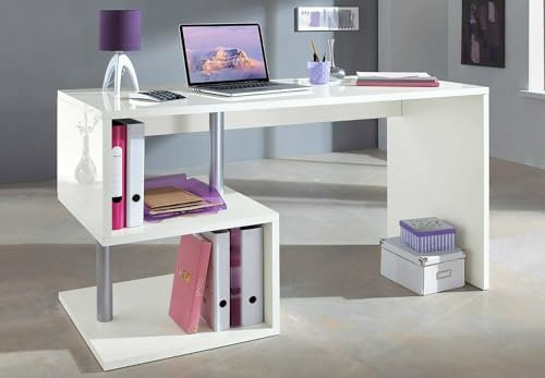 Dmora - Bureau Valerio, Bureau PC Linéaire, Table de bureau polyvalente, Bureau gain de place multi-positions, 100% Made in Italy, 140x60h78 cm, Blanc brillant