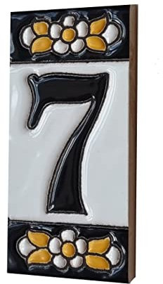 7.5cm x 3.5cm Spanish Orange & Black Floral Ceramic House Number Tiles Symbols & Metal Filigree Frames (Number 7)