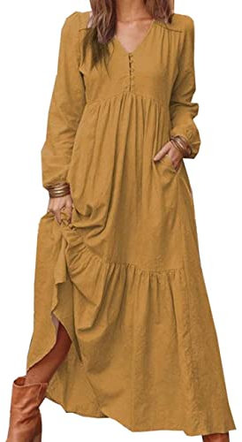 Vestido Casual De Manga Larga De AlgodóN Y Lino Abotonado para Mujer De Color SóLido De Primavera Y OtoñO con Vestido Amplio con Columpio