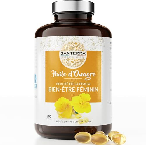 Huile d'Onagre Santerra - 200 Capsules de 500 mg d’Onagre - Pressée à Froid, 100% Naturelle, Sans OGM