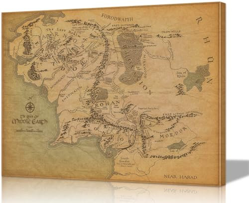 Mittelerde-Karten-Poster – Karte von Mittelerde, Wanddekoration mit innerem Holzrahmen (61 x 91 cm) – leicht und einfach aufzuhängen, Leinwand-Wandkunst für Schlafzimmer und Spielzimmer
