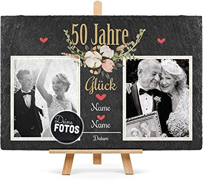 PR Print Royal Schiefertafel selbst gestalten- Fotocollage - 50 Jahre - Personalisiertes Geschenk zur goldenen Hochzeit mit Zwei Fotos, Namen und Datum - inkl. Holzstaffelei, 20 x 30 cm