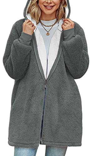 TOMEEK Giacca in Pile con Cappuccio Lungo da Donna Oversize Manica Lunga Soffice Cappotto in Peluche Caldo Giacca in Pile Teddy Giacca Invernale con Cappuccio Capispalla Cardigan, Grigio Scuro,L
