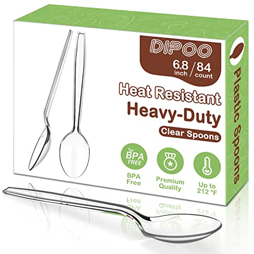 Dipoo 6.8 Clear Plastic Spoons Heavy Duty with Heat Resistant & BPA Free, Solid and Durable Plastic Cutlery, Premium Disposable Spoons for Party Supply(84 Count)