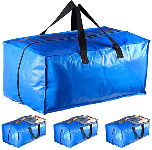 4 Pack Moving Bags Extra Large Strong, with Zipper Heavy Duty Storage Camping Waterproof Bags for Storage Duvet, Clothes, Christmas Decorations Storage Bag (Blue)