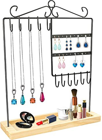 SCHYIDA Schmuck Organizer, Schmuckständer 3 in 1 Schmuckhalter kettenständer Kettenhalter Metall Ohrringe Ablage mit Holz Ablage Schmuckaufbewahrung mit 20 Löchern und 11 Haken Schmuckbaum, Schwarz