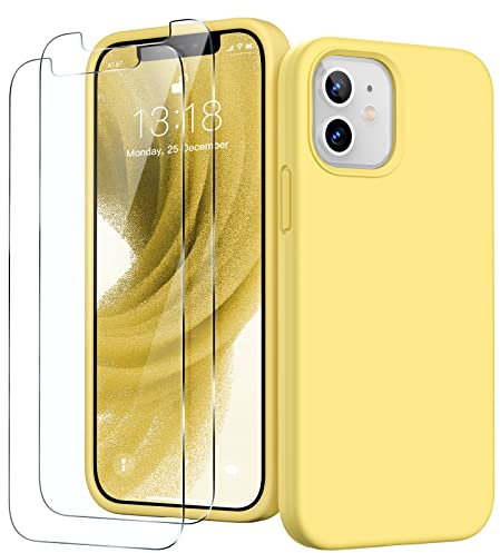 GOODVISH 3 in 1 für iPhone 12 Mini Hülle mit 2 Stück Schutzfolie, Liquid Silikon Rundumschutz Handyhülle, mit Weichem Mikrofaser Innenfutter Stoßfestes Schutzhülle iPhone 12 Mini, Gelb
