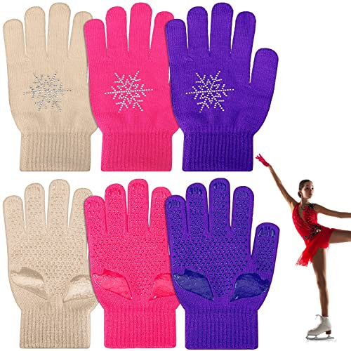 Jiuguva 3 Paar Eiskunstlauf-Handschuhe, Eiskunstlauf-Zubehör, Handschuhe mit Schneeflocken-Strass für Kinder und Mädchen