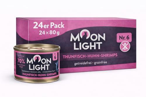 Moonlight Premium Nassfutter Katze Nr. 6 – 24x80g Dose – Getreidefrei mit Thunfisch, Huhn und Shrimps – Feines Filetfutter im eigenen Saft – Hochwertiges Katzenfutter für Feinschmecker