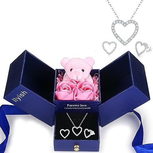 llyish Ewige Rose mit Herz Halskette und Bär Geschenkbox Geschenk für Frauen Mama Freundin Zum Geburtstag Muttertag Jubiläum Valentinstag Erntedankfest