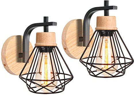 iDEGU 2 Stücke Wandleuchten Industrielle 16cm Vintage Lampe aus Holz und Metall Geometrischem Käfig Design E27 Wandlicht Retro Wandlampe Innen für Schlafzimmer Wohnzimmer Flur Küche (Schwarz)