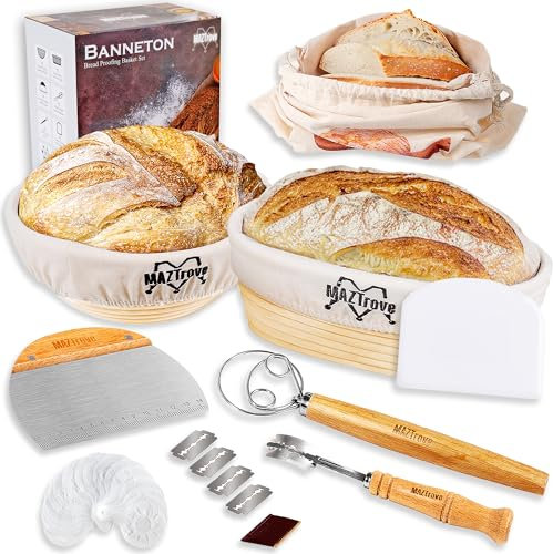 Banneton Brotgärkörbchen, 2 Stück, Gärkörbe, 25,4 cm, oval und 22,9 cm, rund, Rattan-Sauerteig, Brotbackzubehör mit Brotlame, Teigschaber, Leineneinsatz, Teigbesen, Schablonen und Tasche