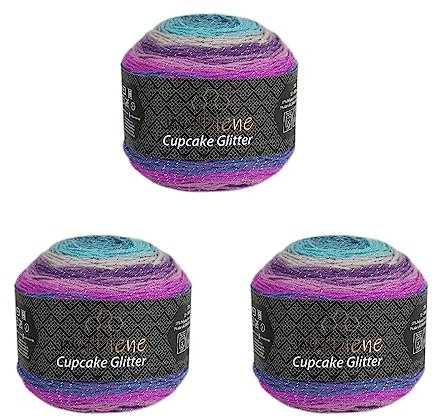 Cupcake Glitter Simli 3 x 150g Strickwolle 450 Gramm Wolle zum Stricken und Häkeln Babywolle türkische Wolle Farbverlaufswolle Glitzer (3030 pink türkis lila)