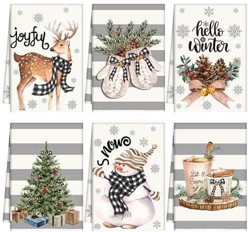 Sratte 6 Pcs Christmas Kitchen Towels Winter Snowmen Hand Towels Absorbent Christmas Tree Reindeer Dish Towels Snowflake Gloves Decorative Gray Strips Tea Towel Xmas Decor for Kitchen Bathroom Gifts