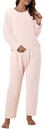 Set di pigiama in pile da donna, 2 pezzi, pantaloni e top a maniche lunghe in pile, abiti da notte in velluto corallo vestiti pigiama peluche morbido caldo stampato lettere, Rosa, Taglia unica